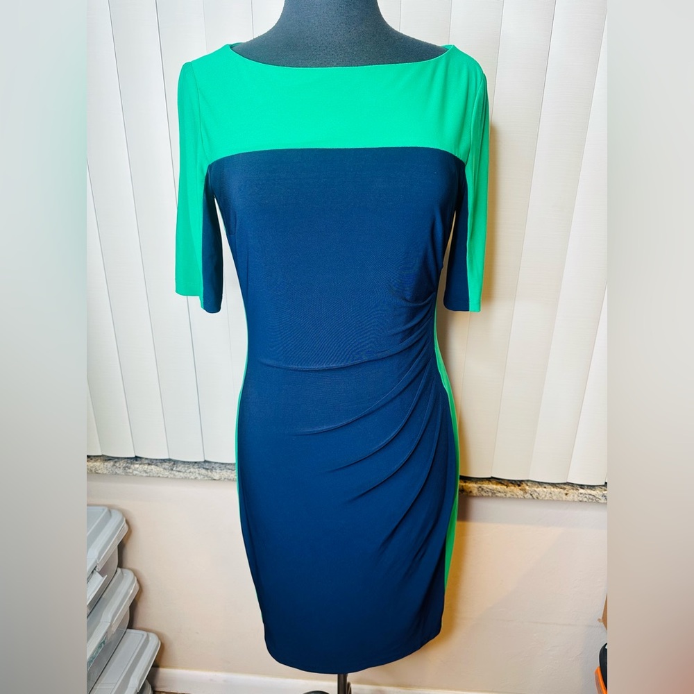 Chaps Green Blue Bodycon Colorblock Stretchy Dress Size Medium